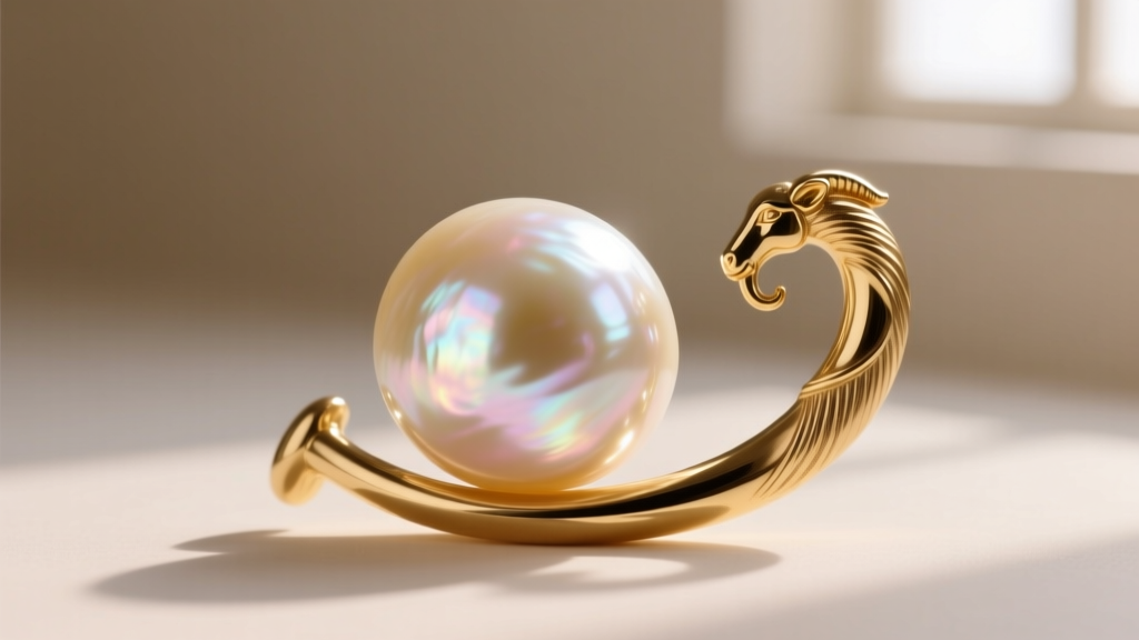 Large baroque teardrop pearl on a gold shepherd's hook, illuminated by dramatic chiaroscuro lighting against a dark background