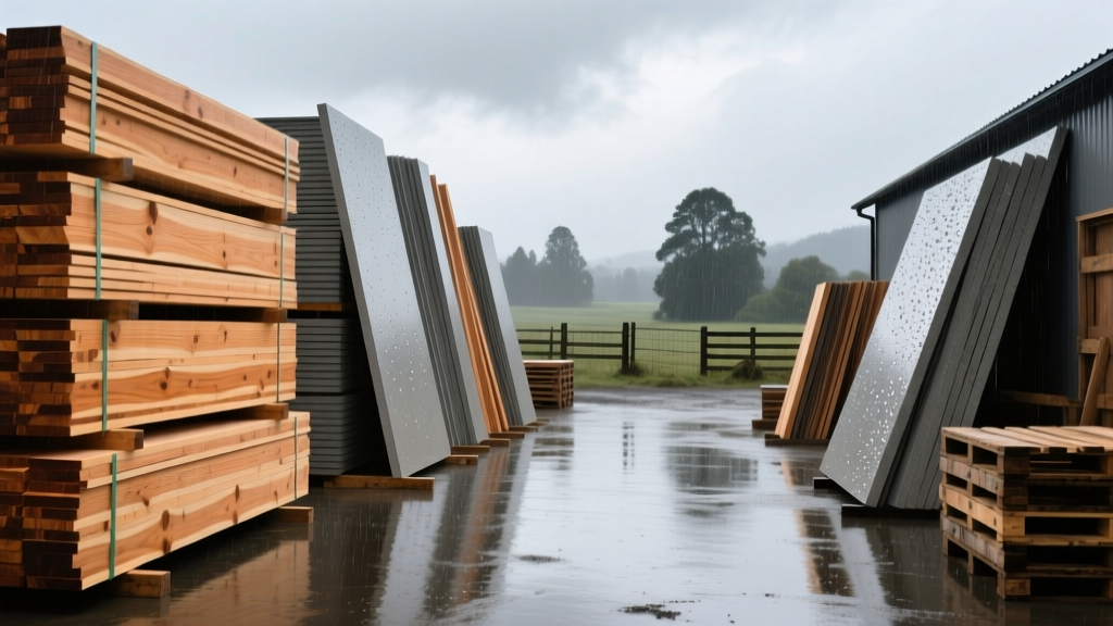 Stacks of treated radiata pine lumber and fiber cement siding panels organized at a rainy construction supply yard in southern Chile