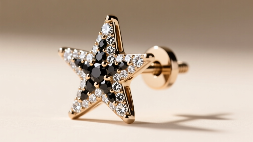 Side view of a secure screw-back on an 8mm diamond pavé starfish stud earring, gleaming against a softly blurred background
