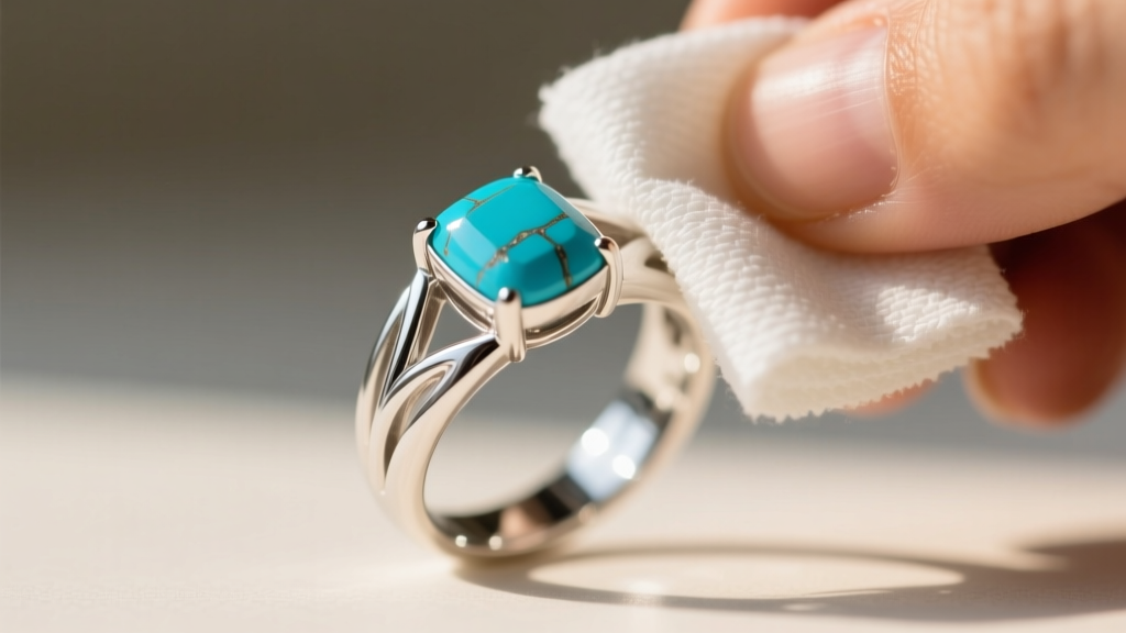 Close-up of a sterling silver turquoise ring gently wiped with a microfiber cloth against a softly blurred neutral background