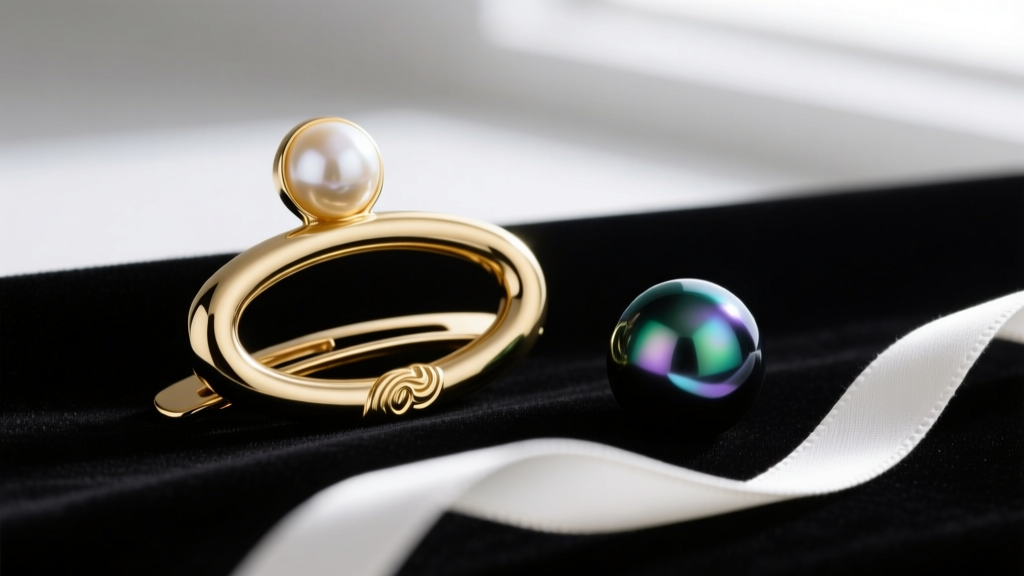 Side profile of a gold metal figure-8 pearl clip on dark velvet next to a loose Tahitian black pearl and white silk thread