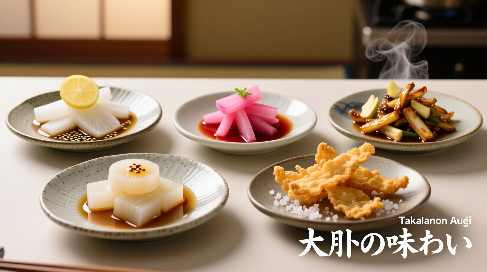 Sliced daikon radish in various cooking preparations