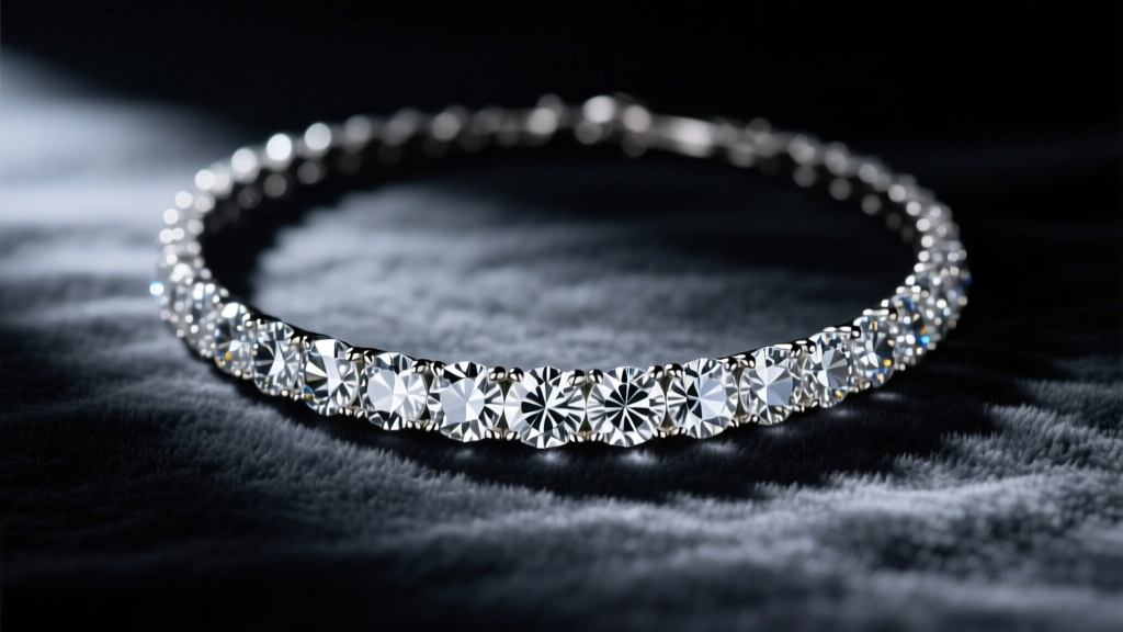 Close-up of a radiant-cut luxury diamond necklace resting on dark charcoal velvet, illuminated by a single directional spotlight.