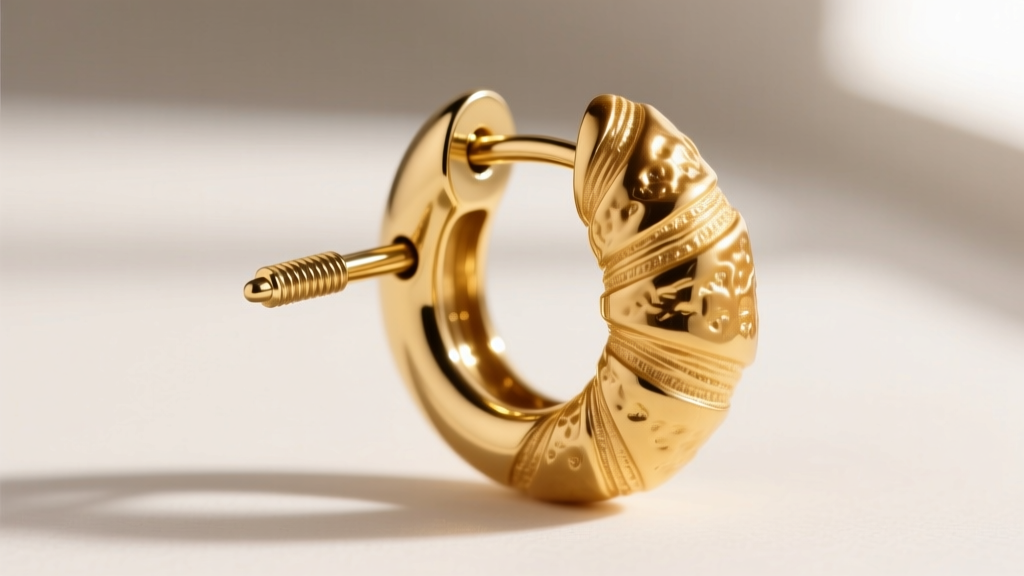 Macro shot of a 20-gauge earring post attached to a hollow, textured gold croissant hoop, showing the solder joint clearly.