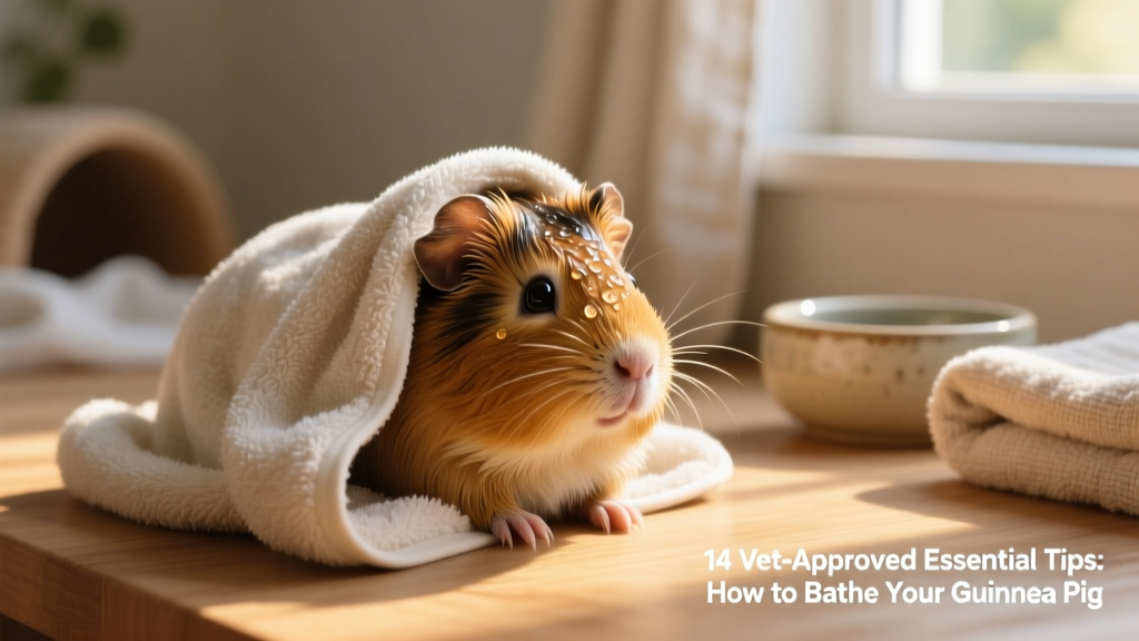 A freshly bathed guinea pig wrapped snugly in a soft towel, resting calmly on a warm surface