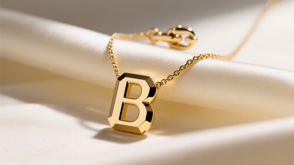 Solid 14k yellow gold letter b necklace on cream silk, highlighting polished beveled edges and a secure lobster clasp detail.