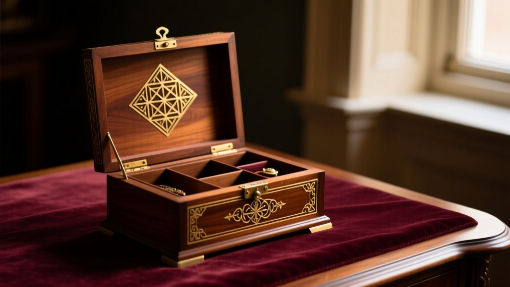 Open 19th-century mahogany antique wood jewelry box on a velvet desk, showcasing brass inlay and compartments under warm moody lighting.