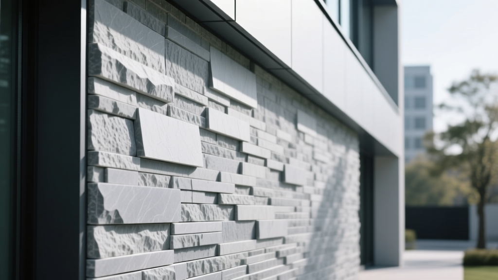 Close-up of precision-cut linear limestone veneer panels in cool gray tones installed in a drystack pattern on a modern exterior facade