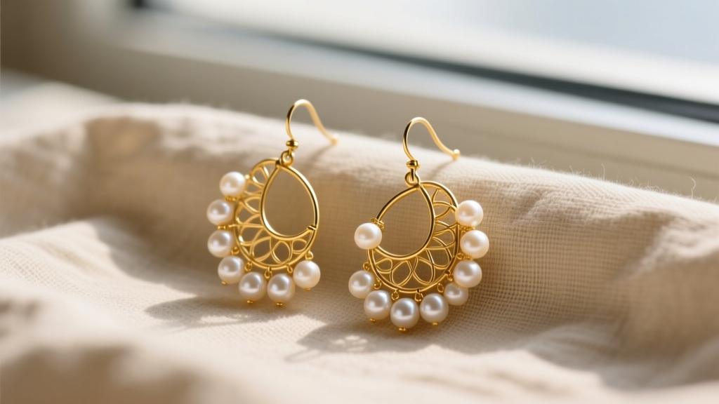 Close-up of delicate 14k gold Jinu earrings with asymmetric wirework and small freshwater pearls resting on soft beige linen fabric.