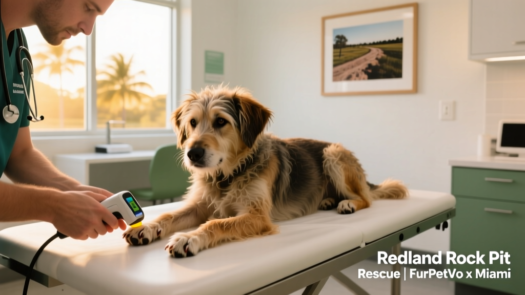 A rescued dog receiving gentle veterinary care at a FurPetVo partner clinic