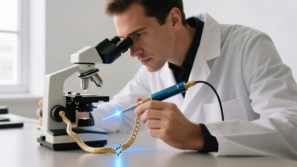Jeweler looking through a microscope while using a laser welder to fix a broken link on a delicate 14k white gold snake chain.