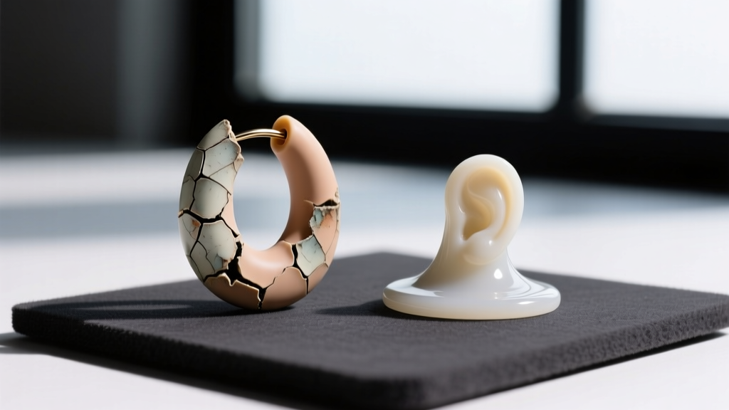 Cracked latex earring beside pristine medical silicone ear stretcher on a dark jeweler mat for a clear visual material comparison