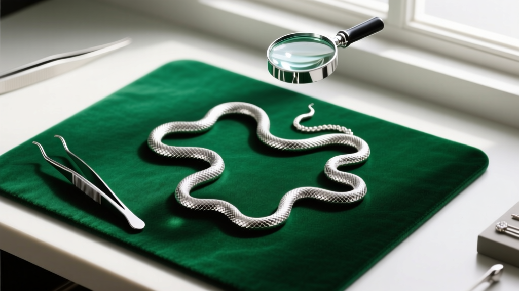 Overhead view of a workbench holding a tangled platinum snake chain, fine titanium tweezers, and a jeweler loupe on a green mat