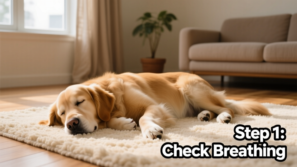A calm, well-lit photo of a relaxed medium-sized dog lying on a soft rug, illustrating normal breathing and posture