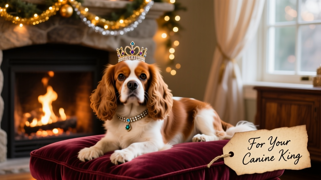 Cavalier King Charles Spaniel resting on a velvet cushion beside a crackling fireplace, with soft holiday lights glowing in the background
