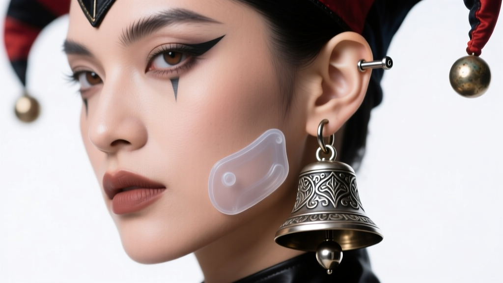 Cosplayer wearing a heavy jester bell earring, highlighting a 16-gauge titanium post and a clear silicone earlobe support patch.