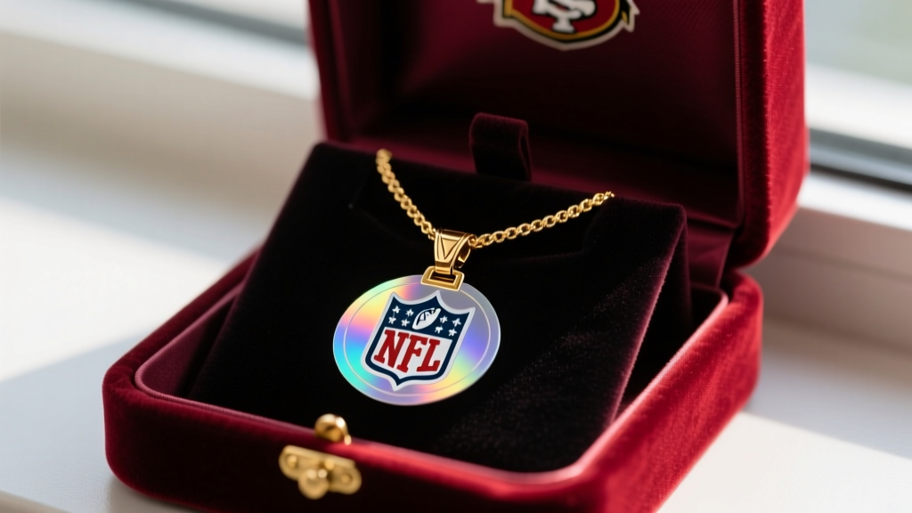 Close-up of an official NFL hologram authentication sticker on a velvet jewelry box containing a licensed team necklace