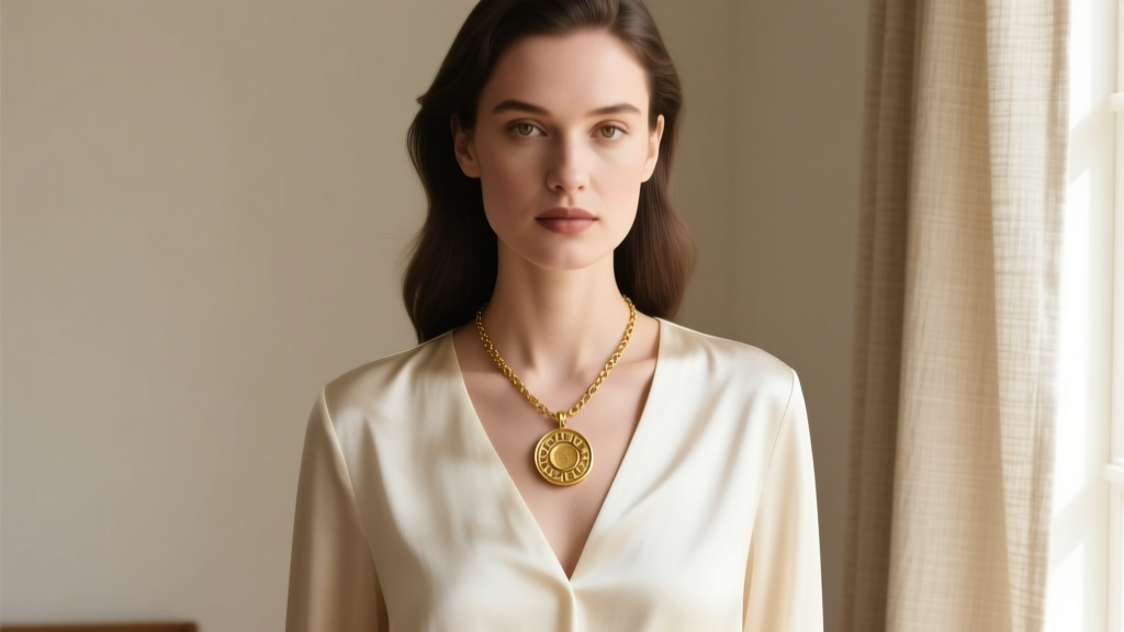 Woman wearing a vintage Sarah Coventry gold coin pendant necklace over a modern cream silk blouse in soft natural window light