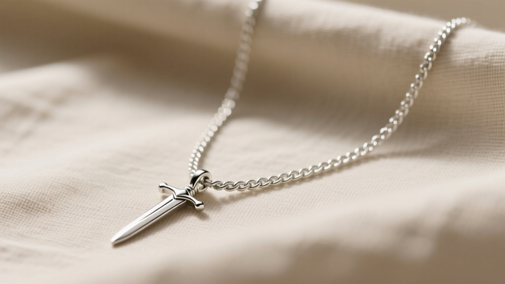 Delicate sterling silver cable chain necklace with a small minimalist sword pendant photographed on a neutral linen fabric surface