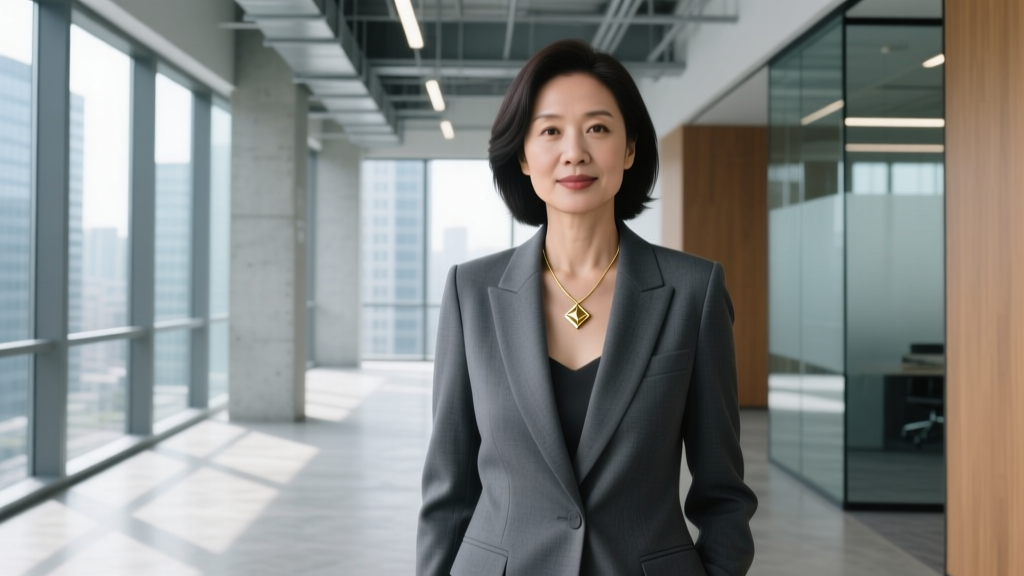 Woman in a tailored charcoal blazer wearing a minimalist gold pendant necklace, standing in a modern city precinct office.