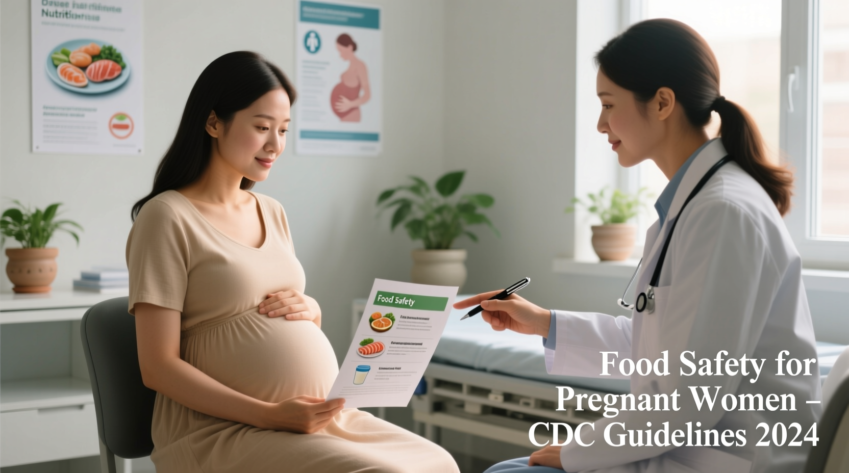 Pregnant woman reviewing food safety guidelines with doctor