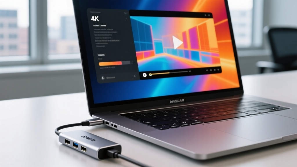 Anker 341 USB-C hub plugged into a MacBook Pro displaying a 4K monitor, with a thermal camera overlay showing normal heat dissipation on the casing