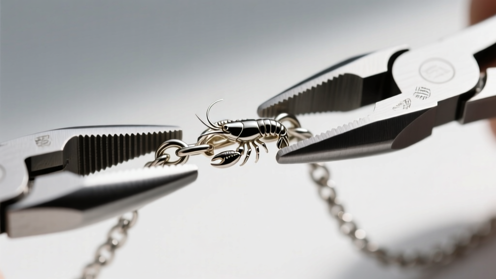 Macro shot of a tiny lobster clasp attached to a delicate stainless steel cable chain using two pairs of flat-nose jewelry pliers