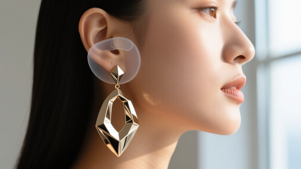 Close-up of heavy metallic statement drop earrings with clear silicone earlobe support patches behind a model's earlobe