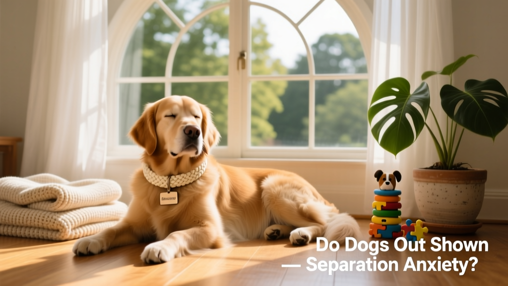 A happy, relaxed dog lying peacefully beside a window with sunlight, wearing a soft collar and surrounded by calming elements