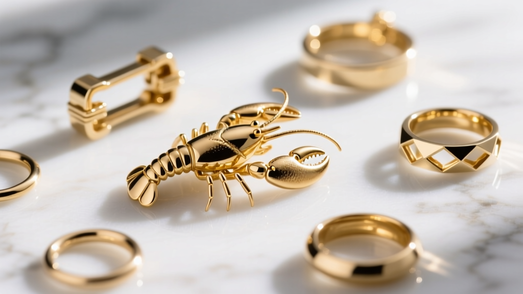 Macro shot of 18-karat gold-plated lobster clasps and saw-cut jump rings scattered on a white marble surface under bright light