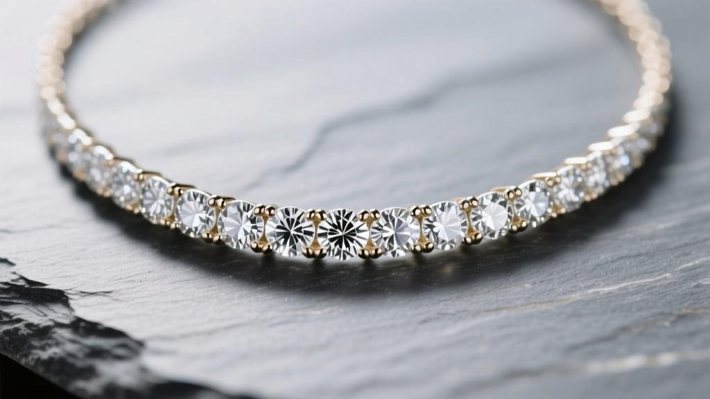 A 2.5mm diamond small tennis necklace on slate, showing 14k white gold shared-prong settings and bright light reflection.