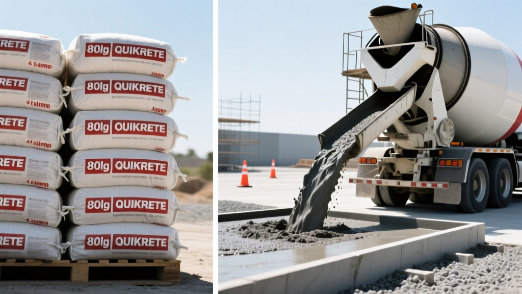Side-by-side comparison of stacked 80lb QUIKRETE concrete bags and a ready-mix concrete truck pouring a slab with a 4-inch slump