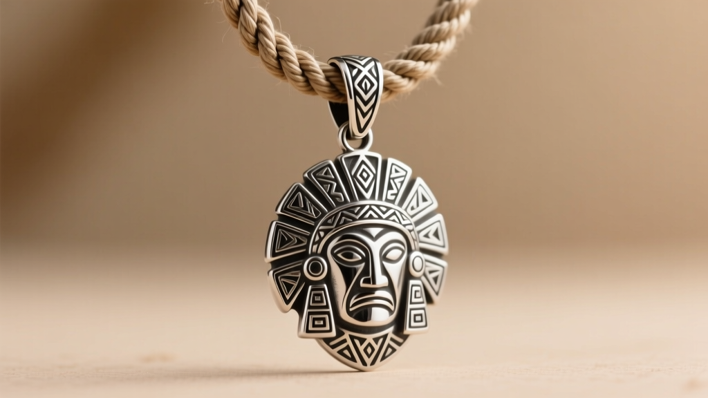 Close-up of a heavy 925 sterling silver tribal chief of war pendant with intricate geometric carvings on a thick 6mm rope chain.
