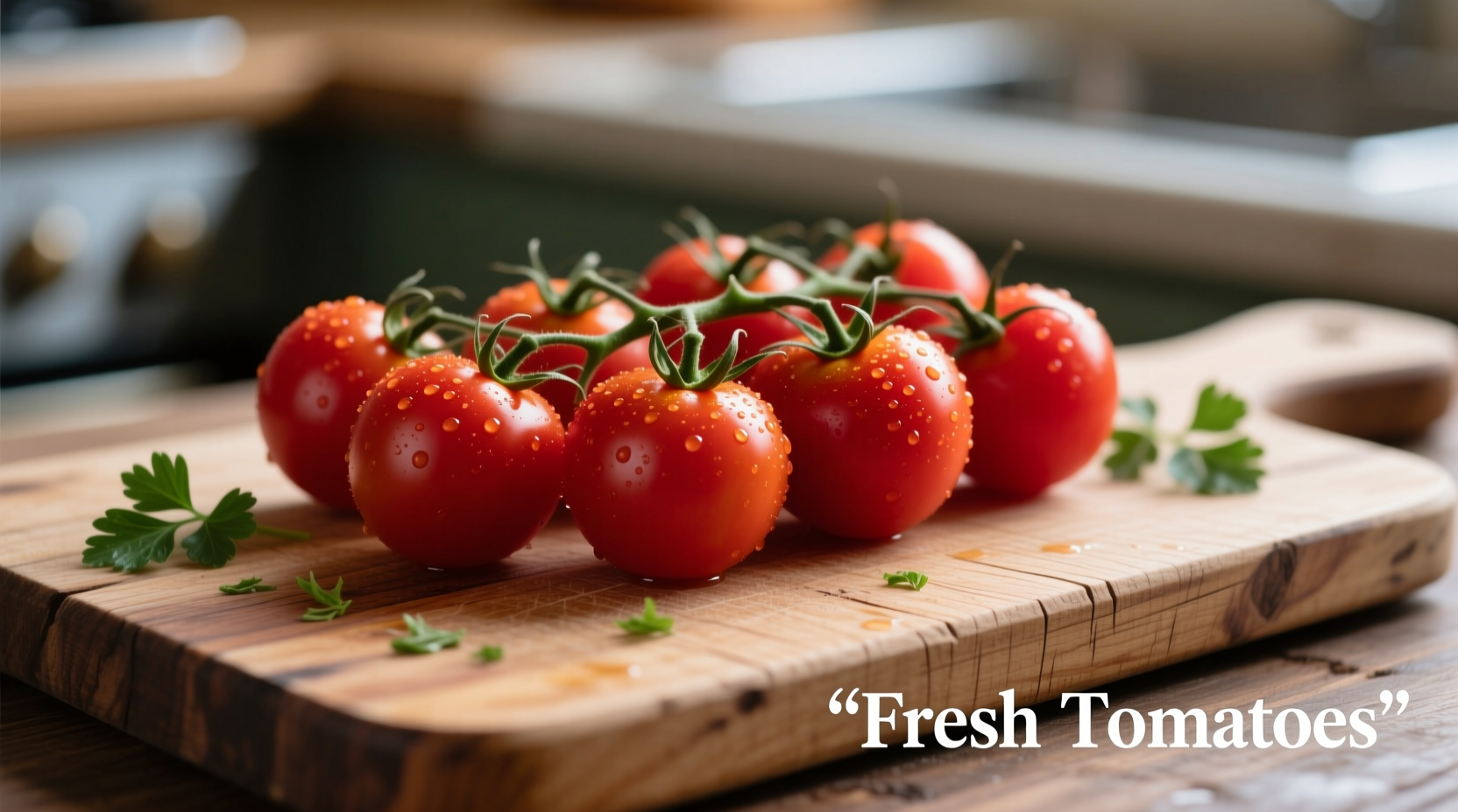 Fresh small tomatoes on wooden cutting board