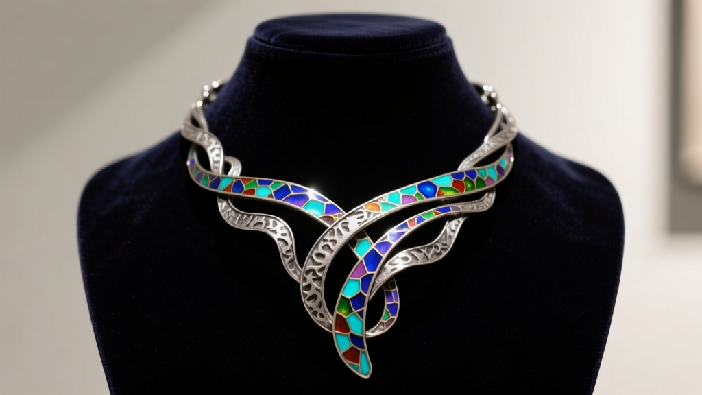 Sculptural art necklace featuring oxidized silver and vibrant guilloche enamel on a dark velvet bust under soft gallery lighting.