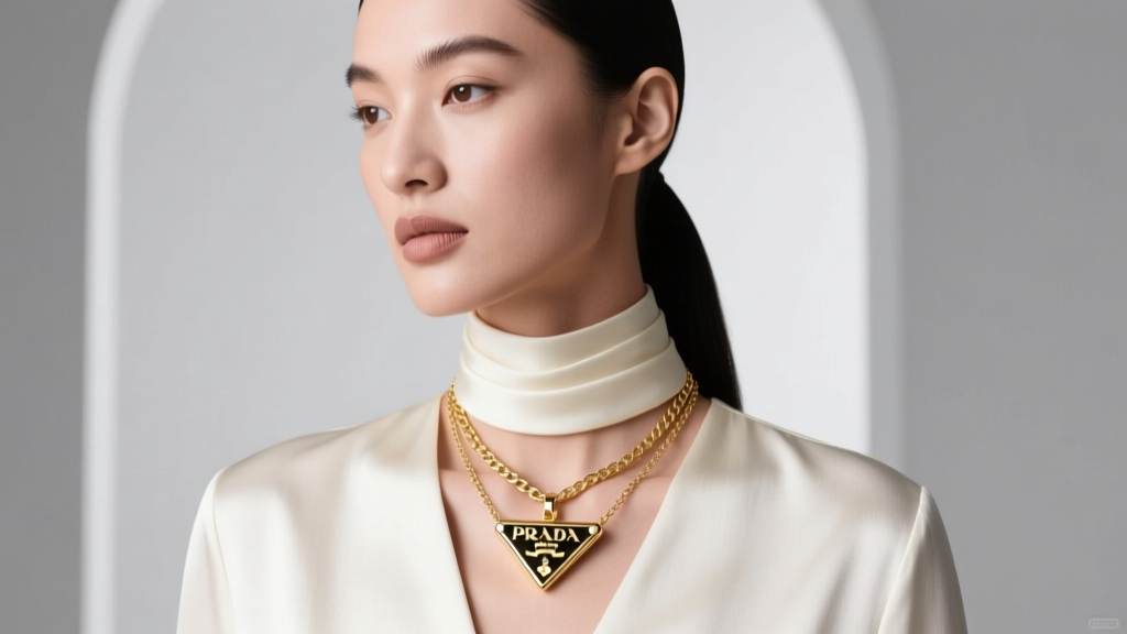 Fashion editorial shot of a model layering a Prada gold triangle pendant necklace with a delicate 14k solid gold paperclip chain.