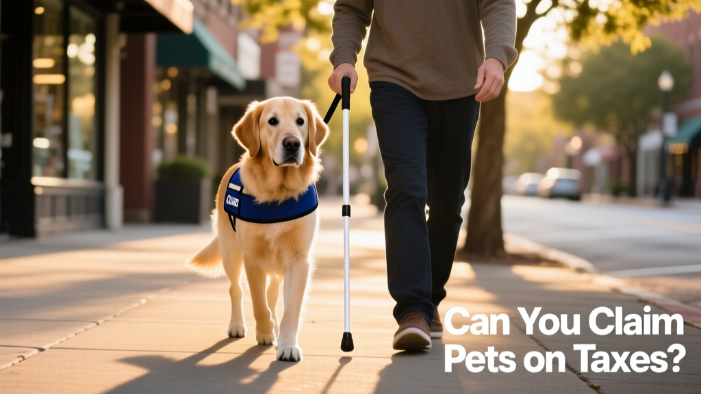 A guide dog wearing a service vest walking beside a person using a cane