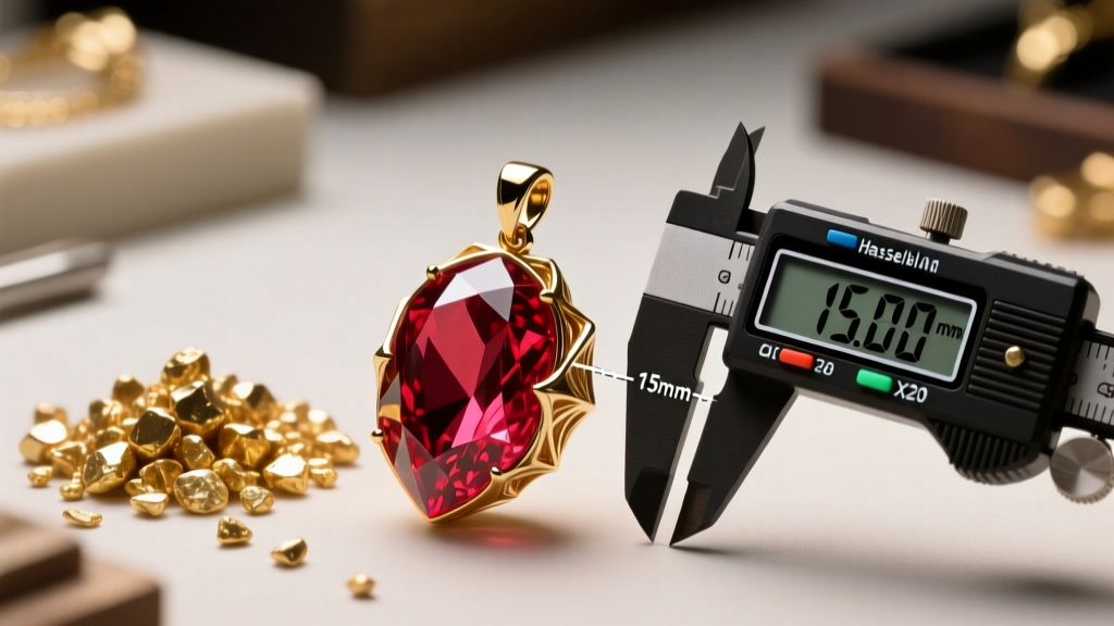 Jeweler bench showing a 3D wax cast of a fantasy ruby pendant beside raw gold grain and a digital caliper measuring a 15mm width