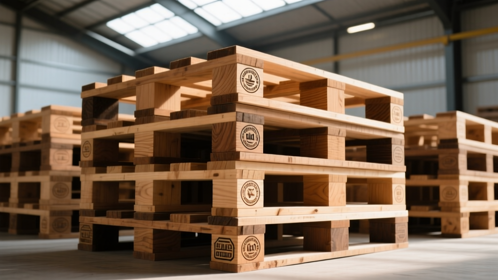 Stacked pine and oak shipping pallets in a warehouse displaying heat treatment stamps and heavy-duty block construction details