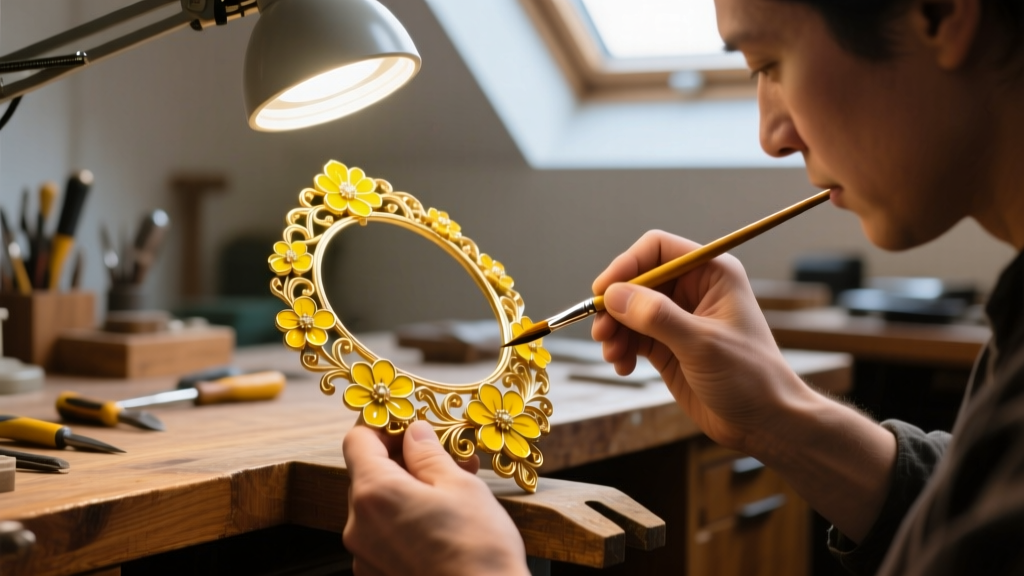 Artisan applying yellow enamel to a gold flower necklace frame with a fine brush under a magnifying lamp in a jewelry workshop.