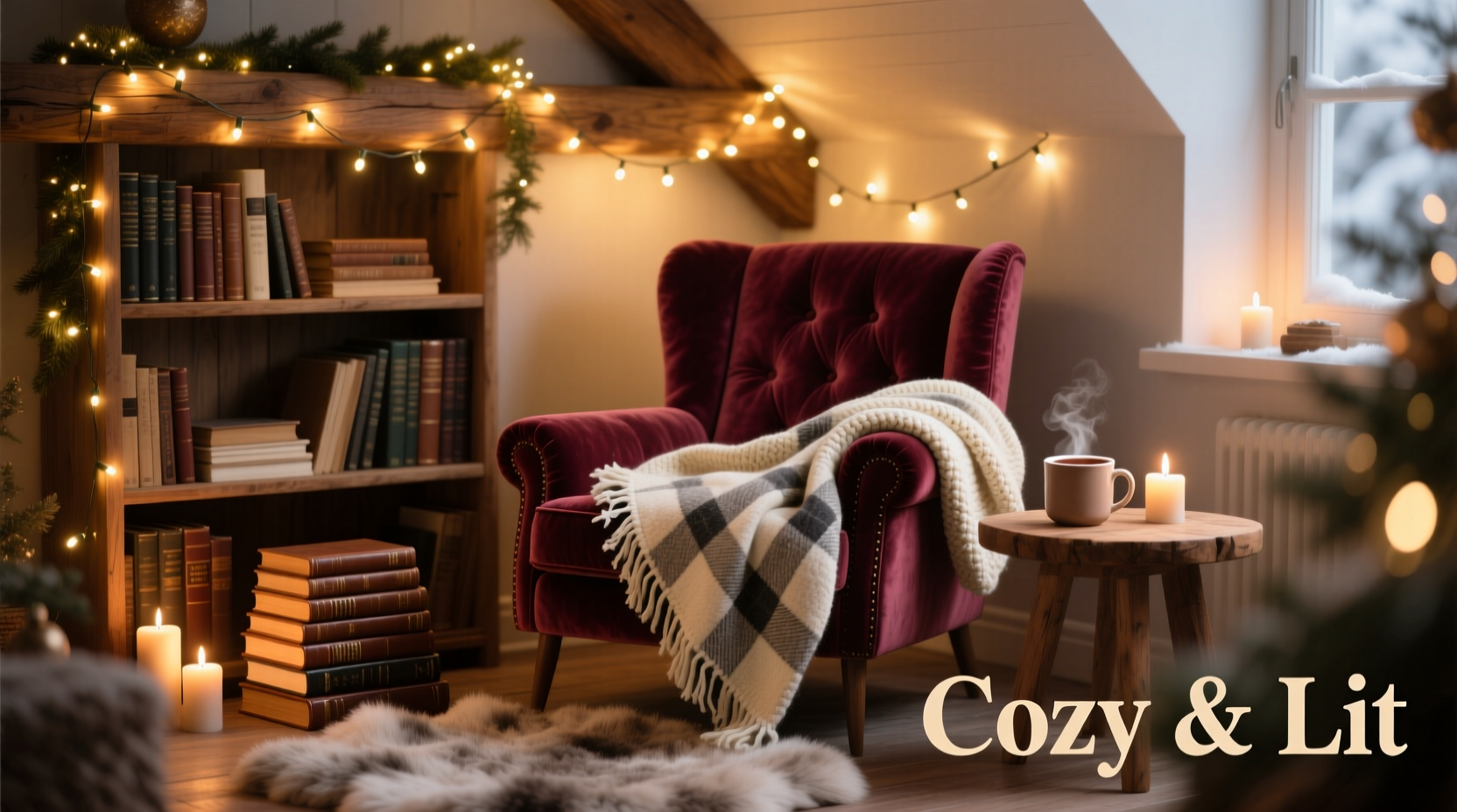 how to integrate christmas lights into a cozy reading nook with weighted blankets and soft textures