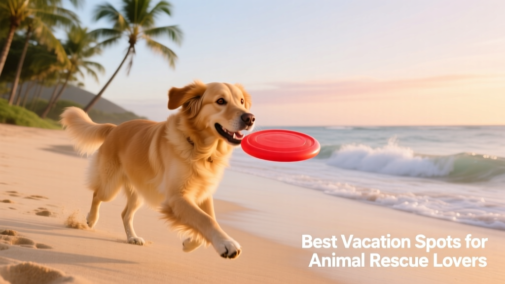 A golden retriever mix playing fetch on a quiet Hawaiian beach with palm trees and soft waves