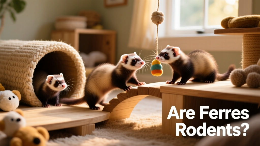 A playful group of ferrets exploring a cozy indoor setup with tunnels and toys