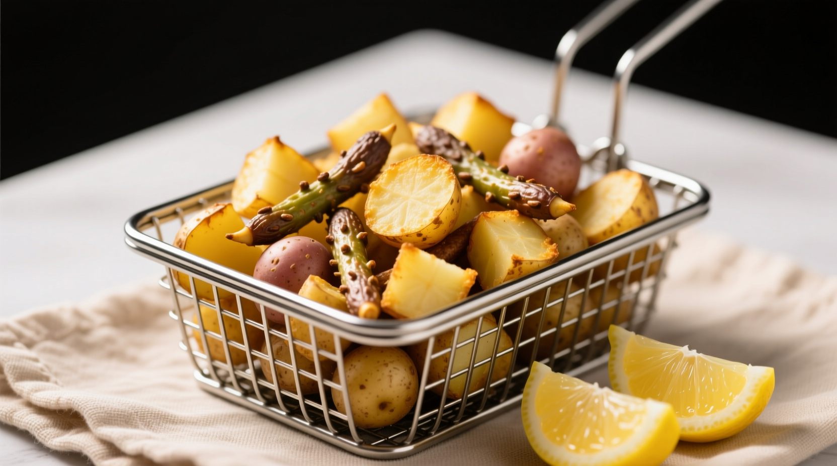 Not year-round: seasonal spring potato varieties in air fryer basket with lemon wedges demonstrating optimal cut size for even cooking