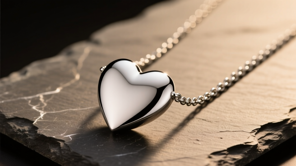 Polished 316L steel heart necklace on slate, showing seamless chain welding and a mirror finish under warm studio light.