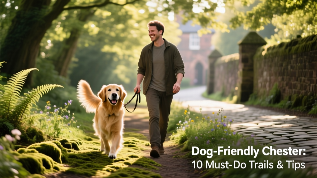 A joyful dog and their person walking side-by-side along a leafy, sun-dappled trail near Chester.