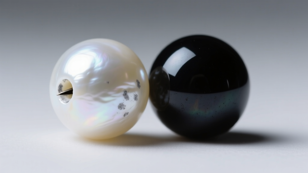 Macro shot of a white freshwater pearl with a faint gray dye stain near the drill hole, resting against a polished black onyx bead.