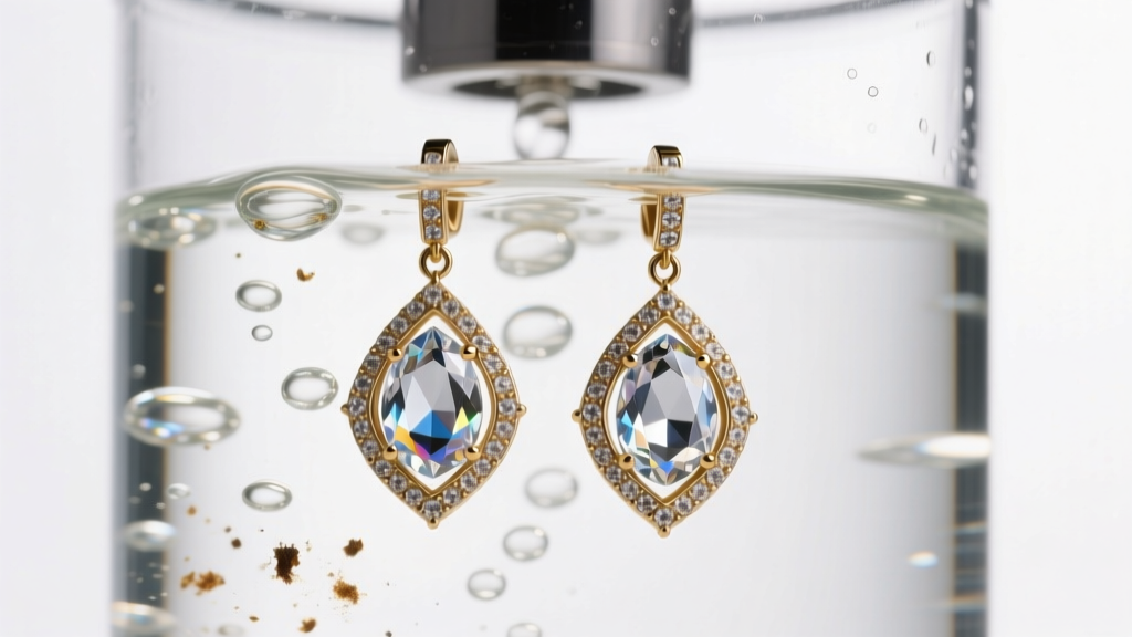 Authentic Prada crystal drop earrings in an ultrasonic cleaner, showing bubbles lifting tarnish from the intricate brass setting.