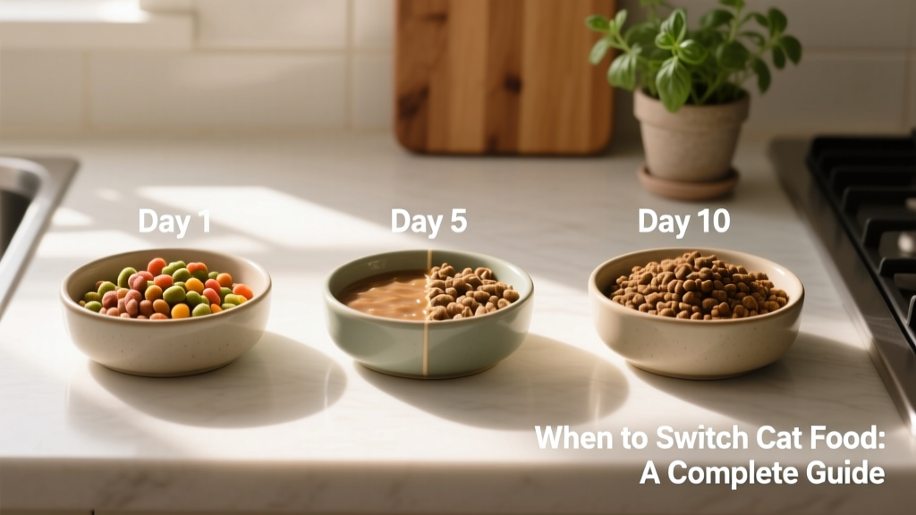 Side-by-side bowls showing the gradual transition: Day 1 (mostly kitten food), Day 5 (half-and-half), Day 10 (100% adult food)