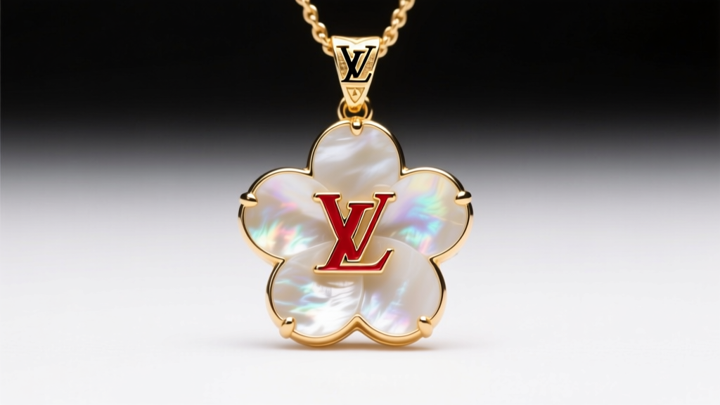 Macro shot of an 18k gold LV Color Blossom pendant showing white mother-of-pearl and vibrant red cold enamel under studio light